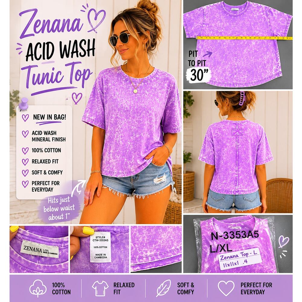 Zenana Lavender Acid Wash Oversized Tee L/XL Boutique Top
